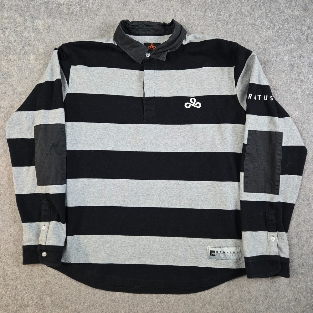 Cloud 9 Gaming Rugby Shirt Men's L Black Gray Striped Polo Elbow Patch Skater